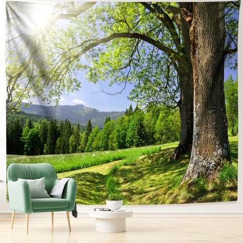 Dsnyu Wandteppich Wald Sonne, Tapestry Nature Bäume Grün Wandbehang | Landschaft 240x220cm Polyester Dekoration für Wohnzimmer Schlafzimmer