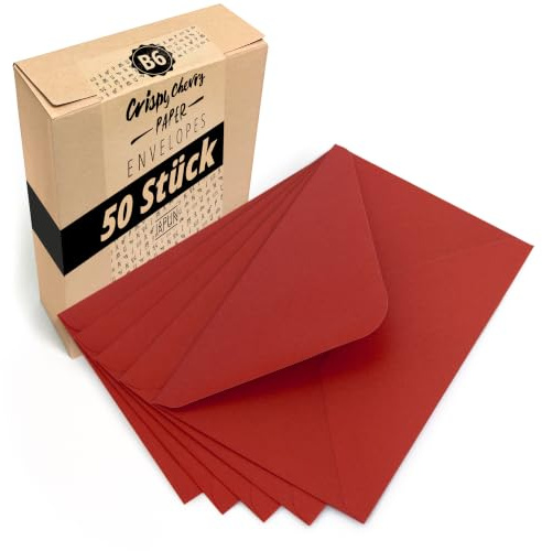 Japun - Briefumschläge (50 Stück) - DIN B6, 175 x 125 mm, rot | Kuvert aus 120 g/m² Papier, Umschlag mit Nassklebung ohne Fenster, für Einladungen zum Beschriften und Bedrucken