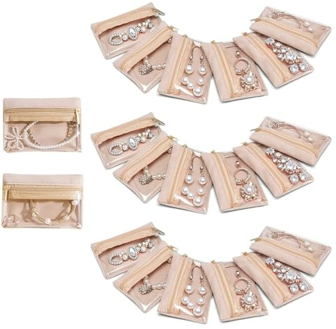 Lot de 20 pochettes à bijoux de voyage en velours avec fermeture éclair, sacs à bijoux de voyage transparents, petits organiseurs de bijoux de voyage, sacs de rangement transparents pour bagues
