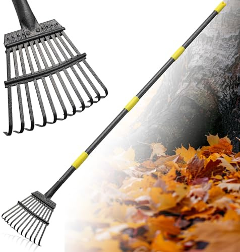FLY HAWK Râteau à Feuilles, 152cm Râteau de Jardin avec Manche Réglable, Râteau à Feuilles avec 11Dents et 22cm Tête de Râteau pour Adultes et Enfants pour Nettoyer Plantes, Pelouse et Cour