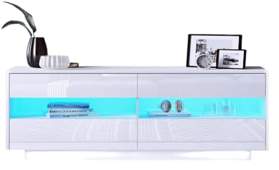 TV Stand Cabinet, 120cm Modern High Gloss Front TV Unit LED lights White