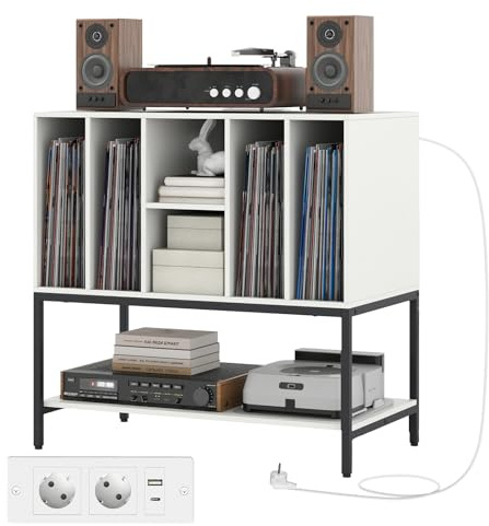 KOMFOTTEU Soporte para Tocadiscos con Estación de Carga, Mueble de Discos de Vinilo con 6 Compartimentos y Estante Abierto, Mesa de Exhibición con Orificio para Cables, 80 x 45 x 79,5 cm (Blanco)