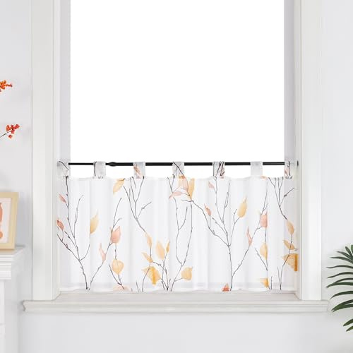 ESLIR Scheibengardine Landhaus Bistrogardine mit Schlaufen Küche Gardinen Transparent Vorhänge Weiß Kurzgardine mit Blattdesign Orange HxB 60x140 cm 1 Stück