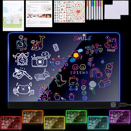 BlueXP Tableau de Dessin LED RGB pour Enfants 30x20cm Planche Acrylique Lumineuse avec Changement de Couleurs 7 Stylos Néon Câble USB Autocollants & Papier d’Histoires Cadeau Créatif dès 8 Ans