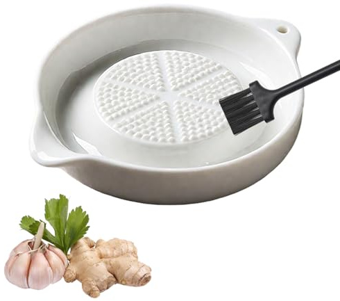 Garlic Grater Plate - Ceramic Ginger & Onion Grater with Soft Cleaning Brush | Non-Slip Bottom, Micro-Grating Surface for Garlic, Ginger, Spices | Easy to Clean, Dishwasher Safe Kitchen Gadget