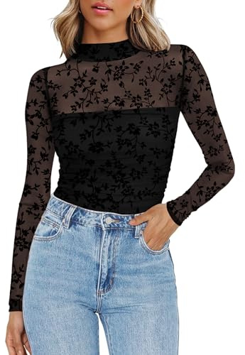 Zeagoo Nättopp damer transparent t-shirt rund hals nätskjorta långärmad sexig fest toppar smal passform långärmad tröja klubbkläder, Svart blommig, XL