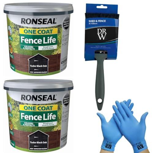 2 x Ronseal One Coat Shed & Fence Protector 5L Tudar Black + Free 4 Fence Paint Brush & Nitrile Gloves | 10L Total | Long-Lasting Weatherproof Wood Protection for Sheds, Fences & Outdoor Timber