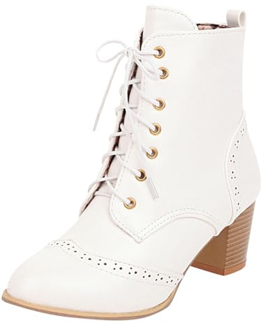 Générique Bottes Femmes à Talon Épais Lacets Automne Hiver Édition Coréenne Confort Extérieur Mode Courtes (White, 39)