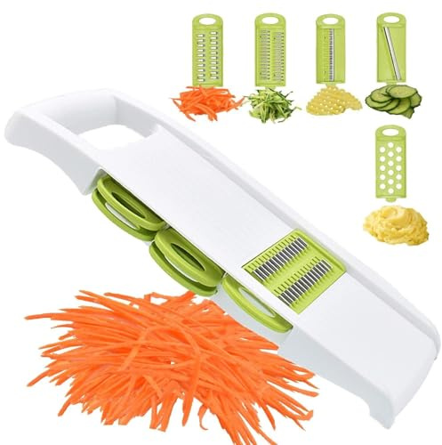 CLKLGEXEAK Cortadora de mandolina 5 en 1 for cocina, patatas fritas con múltiples hojas, cortador de verduras, trituradora en juliana y pelador for trabajos pequeños