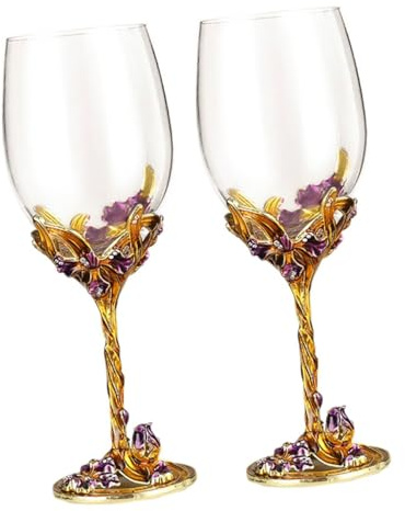 Kichvoe Lot de 2 Gobelets à Vin Décoratifs Émaillés Dorés Motif Iris, Verres à Vin Ménagers Élégants pour Mariage et Fête, Fourniture Mariage, Coupe en Cristal Haut Pied