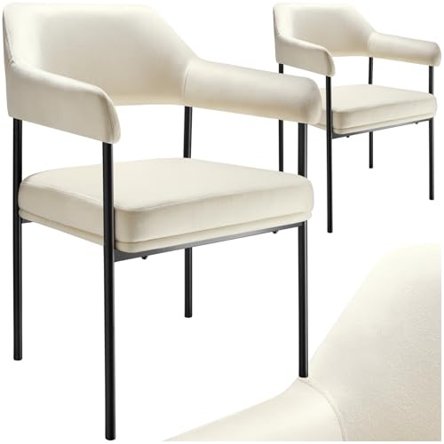 tectake® Silla de Comedor Acolchada, Tapizada en Tela, con Respaldo Continuo y Reposabrazos, Patas de Acero Estables, Silla para Cocina, Salón, Dormitorio - 2 sillas Aspecto Terciopelo Blanco Roto