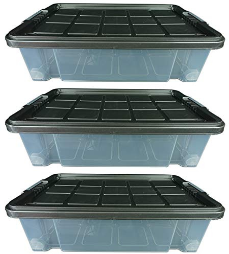 Novaliv 3x Aufbewahrungsboxen mit Deckel Rollen 45l 61x40x27 transparent Grau Anthrazit Kunststoffbox mit Deckel Stapelkiste Verstauboxen Spielzeugkisten Stapelbox