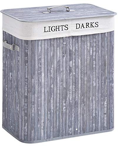 HOMCOM Panier à linge 100L avec 2 bacs bambou pliable couvercle poignée sac amovible en toile gris