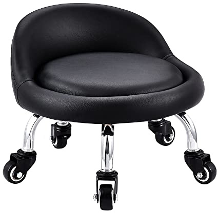 EBANKU Low Roller Seat Wheel Stool Chair Leather Cushion Roller Seats with Back Rest Small 360 Rotating Rolling Stool Seats for Home Office Fitness Round Rolling Seat (Black)