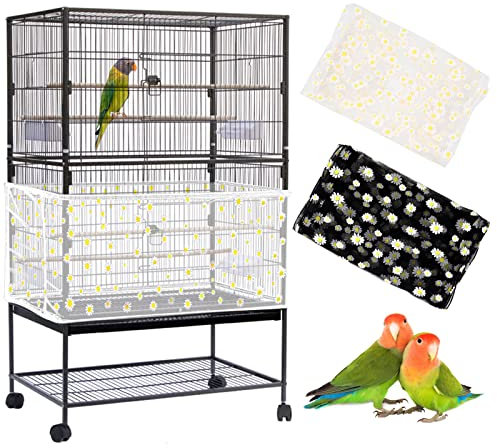 2 Stücke Einstellbar Vogelkäfig Abdeckung, Extra Groß Vogelkäfig Samenfänger, Papageien Kordelzug Vogelfutter Kleintiere Netz, Abdeckung Rock Bewachen für Runde Quadratische Käfige (Weiß+Schwarze)