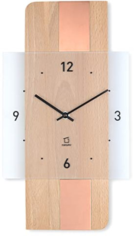 Natuhr Holz Metall Glas Wanduhr - Fusion - präzises Funk-Uhrwerk plastikfrei verpackt (Buche geölt/Kupfer Auflage)