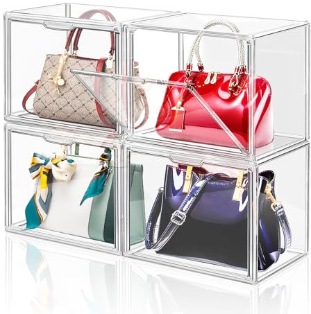 LINYAPRY 4 Packungen transparente Kunststoff-Handtaschen-Aufbewahrungs-Organizer für Schrank, Acryl-Displaybox für Handtasche, stapelbare Aufbewahrungsboxen, Taschen-Organizer mit magnetischer Tür