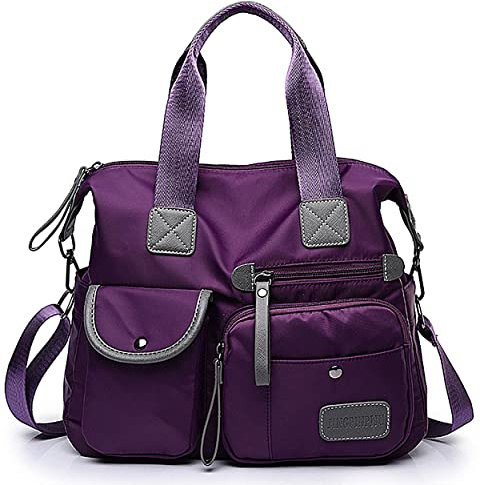 SHIFANQI Tote Bag per le donne,Borse e Borse con Multi Tasche & Zip,Borsa a tracolla leggera delle signore Top Handle,Nylon Cross body Messenger Bag per la scuola di lavoro,Viaggi (Viola Puro)