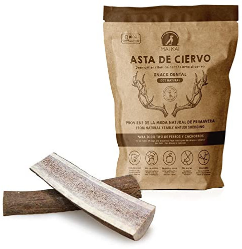 MAIKAI Corno di Cervo per Cani Taglia M Tagliato a Metà – 100% Naturale + Sicuro e Resistente – Masticativo Lunga Durata per Igiene Dentale – Riduce Placca e Tartaro – Giocattolo Naturale Regalo Cane