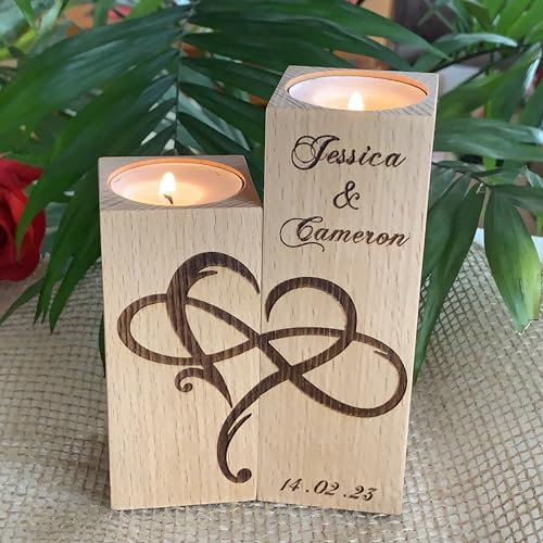 2 pièces/ensemble Porte-bougies en bois personnalisé en forme de cœur et d'infini, Chandelier Bougeoirs Decoration, Centre de Table, Cadeau de mariage, 2 prénoms et date, Infinité Symbole et cœur