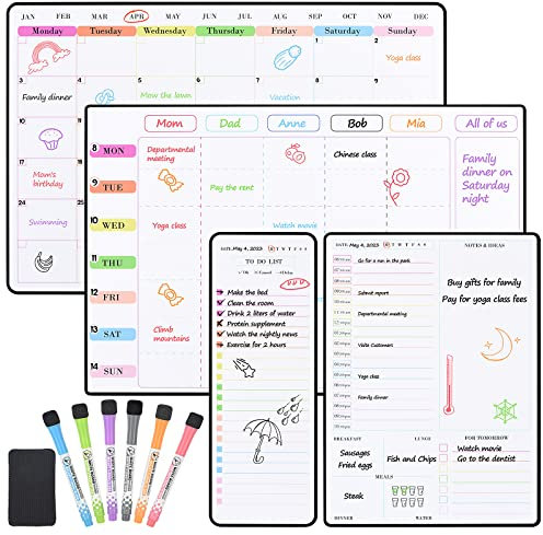 POPRUN Magnetic Calendar Whiteboard for Fridge, A3 Family Weekly & Monthly Planner, Daily Meal Planner Board, To Do List, Dry Erase Fridge Calendar Board Kit Monday to Sunday with 6 Markers (4 Pack)
