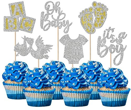 24 Stück Oh Baby Tortendeko It's a Boy Cupcake Toppers mit Strampler Jumpsuit Schwan Buchstaben Kuchen Deko Geschlecht Reveal Kuchen Dekorationen für Baby Junge Geburtstag Party Silber