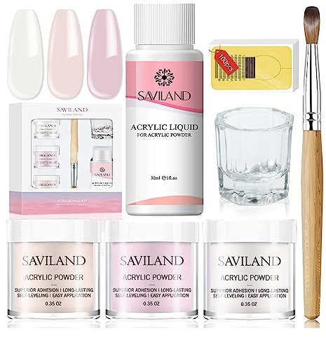 Saviland Acryl Nagelset, Acrylgel für Nägel - Acrylpulver und Acryl Liquid Acrylpulver Set 3 Farben Pink Nudes Clear für AcrylPulver Nails