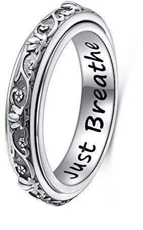 DAOCHONG Spinner Zappel Ringe S925 Sterlingsilber Lotusblume Yoga Just Breathe Anxiety Worry Band Oxidiertes Fidget Stressabbau Langeweile ADHS Autismus Ringe für Damen Herren(62.1)