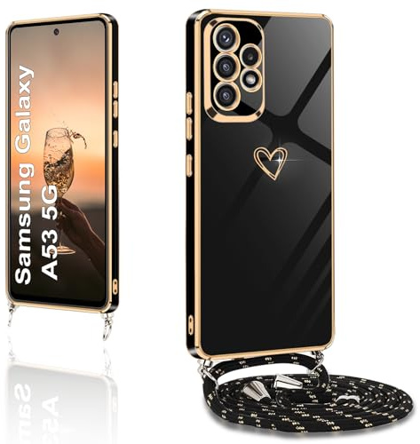 XCYYOO Handykette für Samsung Galaxy A53 5G Hülle mit Band,Handyhülle Samsung Galaxy A53 5G mit Kette Love Design Galvanik Silikon Stoßfest Schutzhülle mit Kordel zum Umhängen Kameraschutz, Schwarz