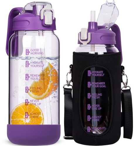 DEARRAY 1.5 Litre Glass Water Bottle With Straw & Time Markings - Large Leakproof Motivational Drinking Bottle, Big Pitcher Jug With Lid, BPA Free Carafe