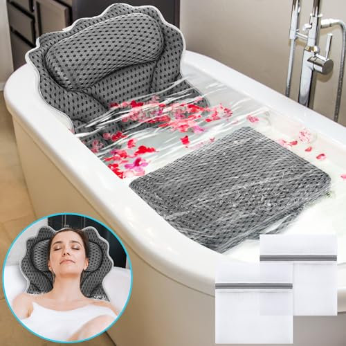 CroBlissful Bath Pillow and Mat Set 4D Thick Bathtub Pillow for Head and Neck Hot Tub Seat Mat with 6 Suction Cups Quick Dry Non Slip Portable Seat Cushion Tub Accessories for Indoor Outdoor