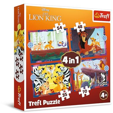 Trefl - Puzzles von 35 bis 70 Teile, 4-in-1: Der mutige König Löwe, 4+ | Set mit 4 Puzzles, unterschiedliche Schwierigkeitsgrade, Förderung von Konzentration und Beobachtungsgabe, hohe Qualität