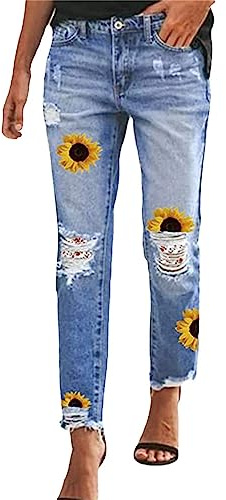 biJerou Pantalon en jean stretch pour femme - Taille haute - Avec applications - Jean effet vieilli - Avec jambe droite et bleu délavé - Pantalon en denim patchwork droit, jaune, M