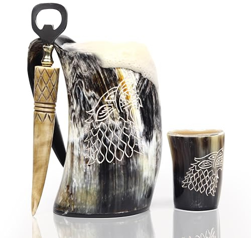 Viking Drinking Horn Mug Set with Cool Shot Glass & Opener for Beer, Whiskey, ale. Ox Horn Cup, Coffee Stein 16-20 oz for Men & Women- Ideal for Christmas, Birthday, Occasions and Home Decor. (Wolf)