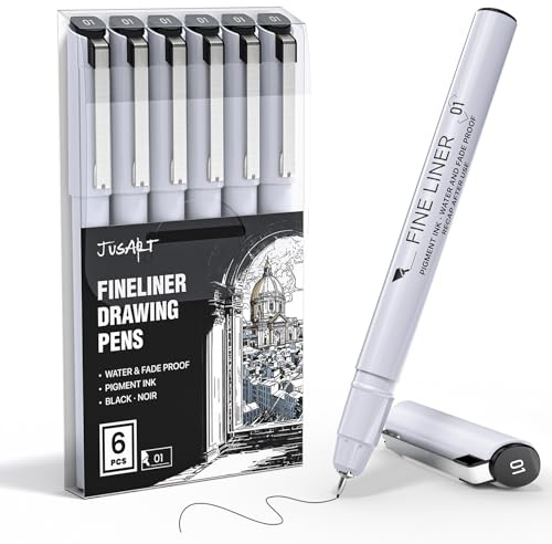 JusArt Fineliner Pens, 6 Pcs, 0.25mm Fine Point, No Bleeding, Waterproof Black Pigment Ink Pens for Illustration, Technical Drawing, Writing, Journaling, Crafters and Art Projects