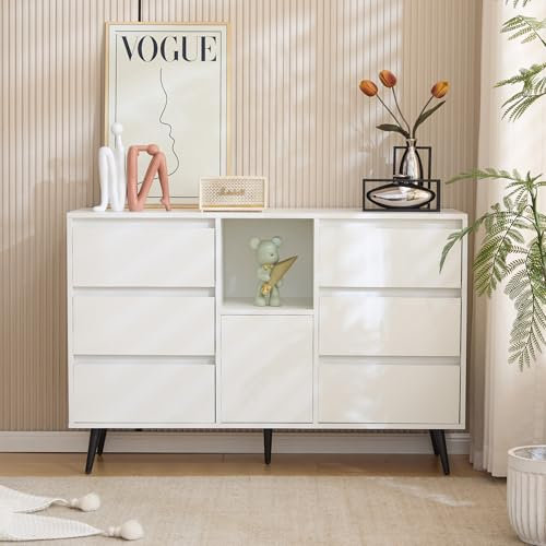 Modernes Sideboard mit LED-Beleuchtung, Weiß Kommoden, 6 geräuschlosen Schubladen, 1 Türen und offenes Fach, Hochglanzlackierung, mattschwarzen Metallbeinen, 120x40x80 cm, für Küchen, Wohnzimmer