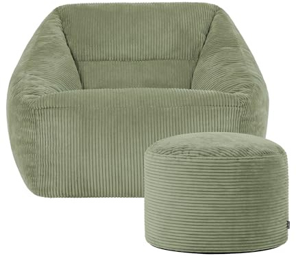 Icon Natalia Sitzsack Sessel und Hocker mit Füllung, Grün | In Deutschland Hergestellt, Sitzsack Erwachsene, Flauschiger Cord Stoff, Riesen Sitzsack Cord für Wohnzimmer und Schlafzimmer
