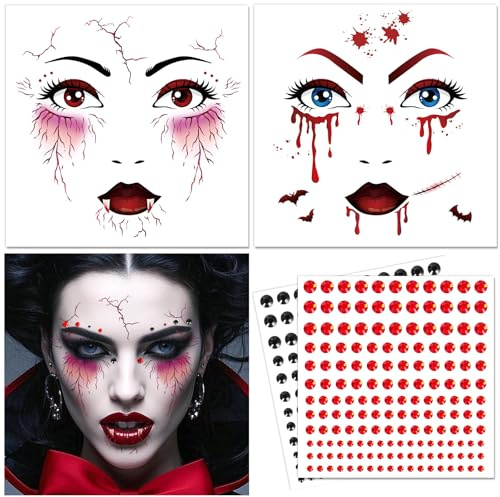 DPKOW Halloween Tattoos Gesicht mit Glitzersteine, Vampir Kostümzubehör Kinder Damen Halloween Kostüm Accessoires Damen Vampir Gesichtstattoo Glitzersteine Gesicht Zubehör Festival Accessoires