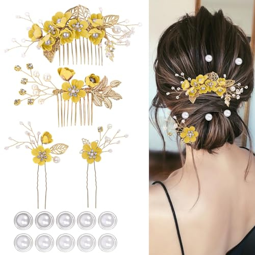 4 piezas de accesorios para el cabello de boda para mujer, elegantes horquillas de novia con flores para dama de honor, 10 piezas de horquillas de perla en espiral para mujeres y niñas (amarillo)