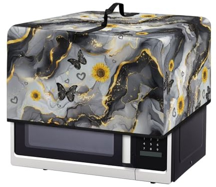 Fiqyvagox Microwave Oven Grill Cover Protector with Handle Oil Proof Microwave Universal Oven Dust Cover Scratch Resistant Kitchen Appliance Covers, Marble Print Sunflower Butterfly Gray, S