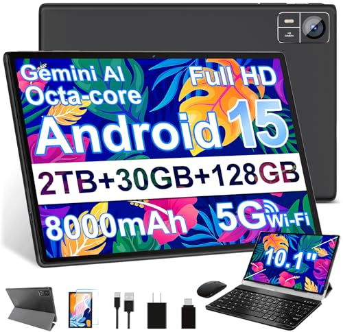 SUAAT Android 15 Tablet 30GB RAM 128GB ROM 2TB Expand, 10.1 Inch Tablets with Keyboard Mouse, Octa-Core, 8000mAh, HD IPS Display, 5G WiFi BT 5.0 GPS, Widevine L1, Gemini AI, Dual Camera - Black