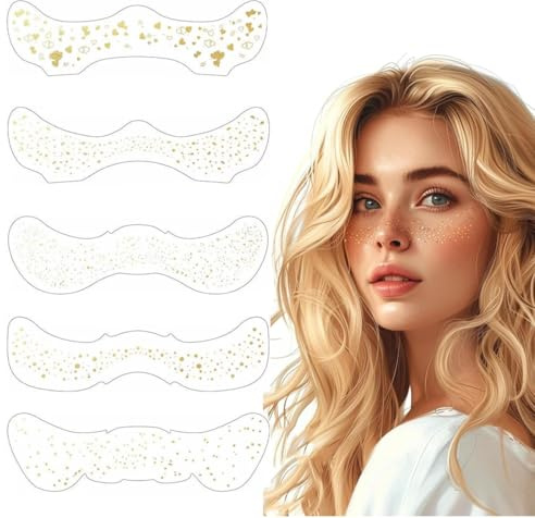 KEWUF 5 tatuaggi a lentiggini in oro e argento, con brillantini per il trucco, temporanei sparkle freckles, stelle per il viso, per feste, carnevale, glitter freckles, freckles henne nero tatuaggi