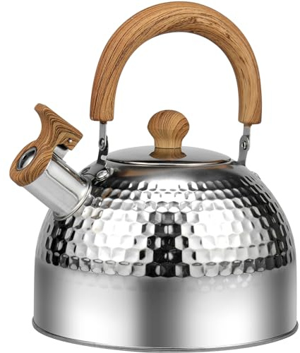 Bollitore a fischio, bollitore da tè in acciaio inox con manico anti-scottatura, riscaldamento uniforme da campeggio, bollitore a fischio, per cucina, fornelli a gas a induzione (argento, 2 L)
