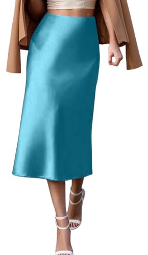 Jupe midi longue en satin uni taille haute pour femme - Taille élastique dissimulée - 2025, vert menthe, M