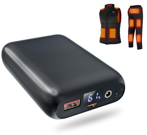 Powerbank für Heizweste 16000mAh,7.4V 3A Externer Akku mit LED-Anzeige und 3 Ausgängen USB/Typ-C/DC,kompatibel mit beheizbaren Westen,Jacken und Hosen,auch als Handy-Ladegerät