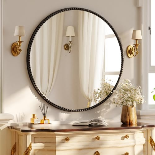 Koonmi runder Wandspiegel 80 cm, PU Perlenrahmen, Schwarz | Retro Badspiegel zum Aufhängen oder Anlehnen für Eingangsbereich, Schlafzimmer, Wohnzimmer und Flur