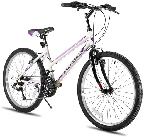 Hiland BAMCBASE VTT Femme, 21 Vitesses, Cadre en Acier au Carbone, Freins en V Avant et Arrière, Vélo de Ville 24 Pouces pour Adultes - Blanc