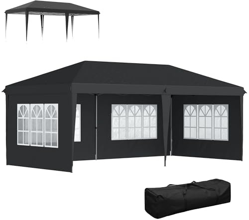 Outsunny Tonnelle de Jardin extérieure Pop-up Pliante - Tente de réception - 3 x 6 m - pavillon chapiteau Barnum - 3 cotés démontables - piquets d'ancrage au Sol + Sac de Transport Inclus Noir