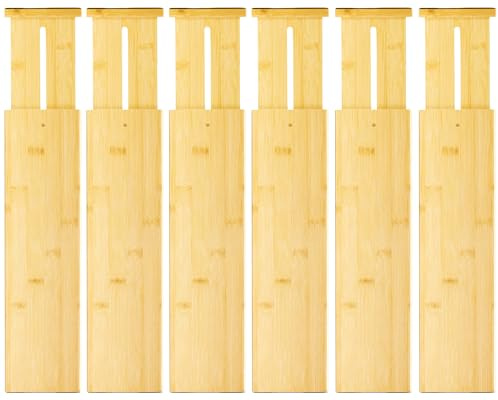 VaeFae 6 Pack Bamboo Drawer Dividers, Adjustable Drawer Organiser | Expandable Spring Loaded Separators for Cutlery, Clothes, Kitchen, Bedroom & Bathroom, 10.1 cm High, Expandable 30.2-43.5 cm