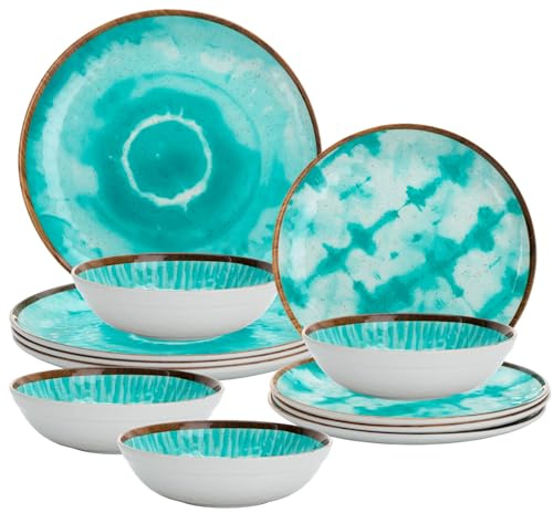 Melamin Geschirrset für 4 Personen - 12 Teile in Türkis - Campinggeschirr Geschirrset Tafelgeschirr Spülmaschinengeeignet Tableware Outdoor Camping